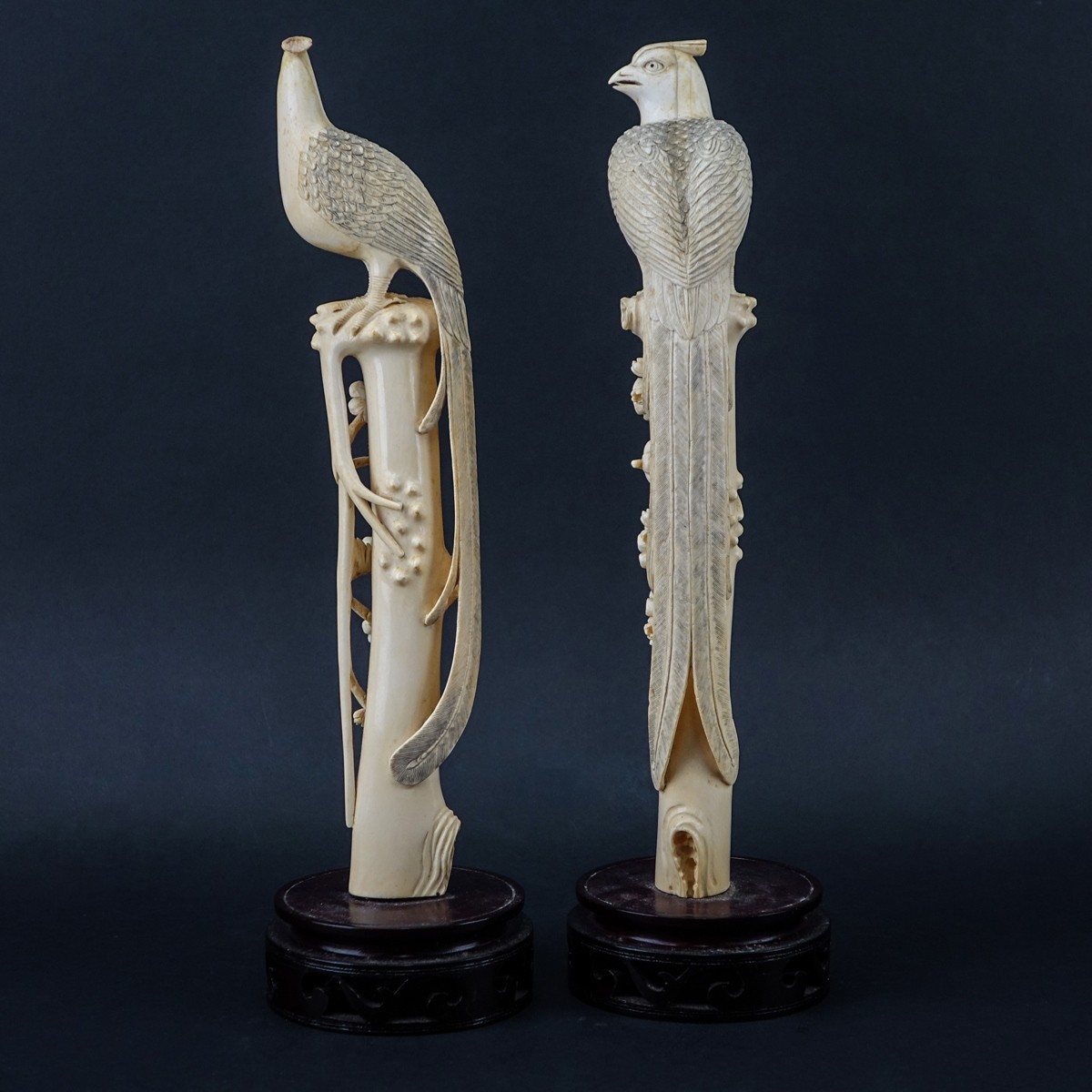 Pair Chinese Carved Ivory Phoenix Birds