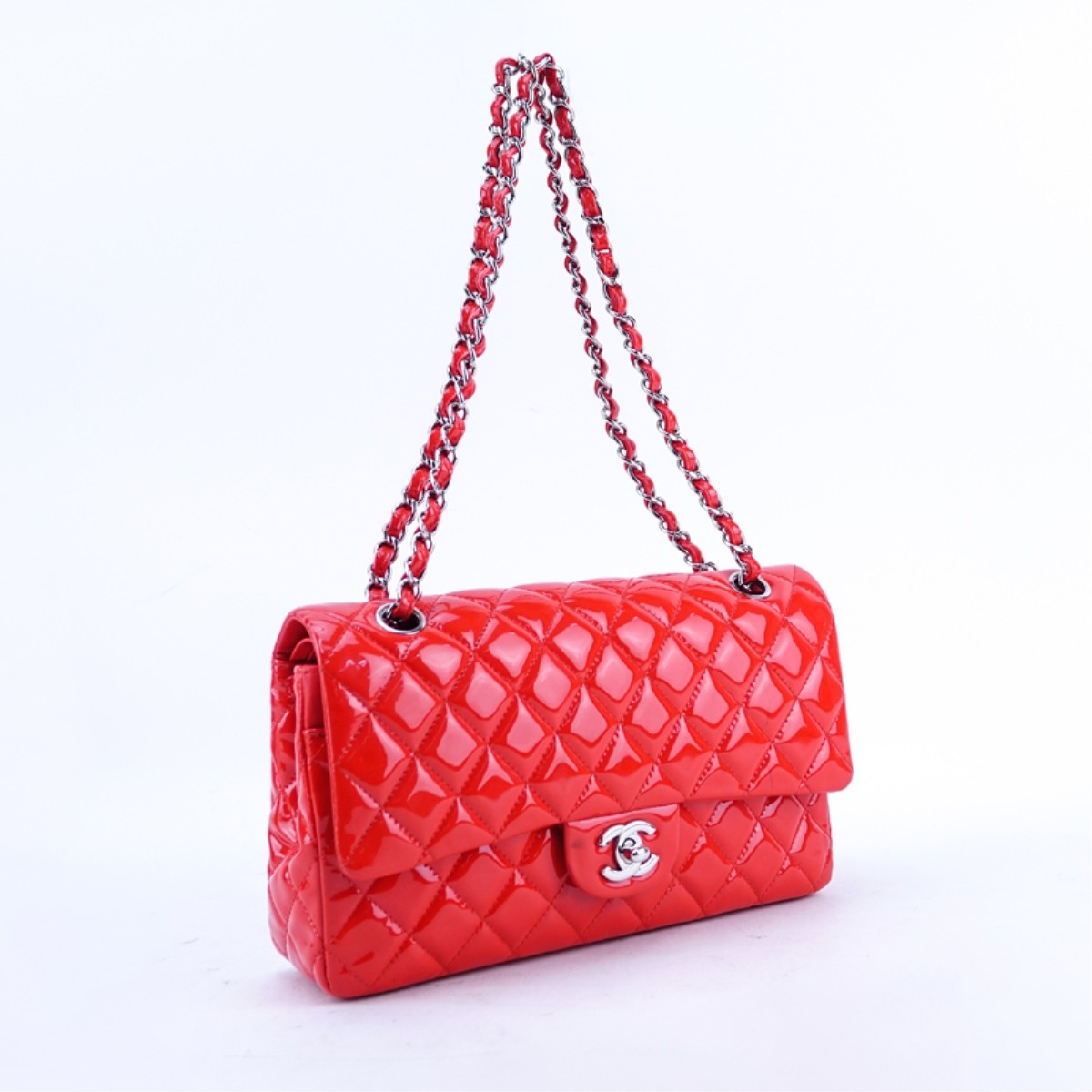 Chanel Red Quilted Patent Leather Classic Dbl Flap