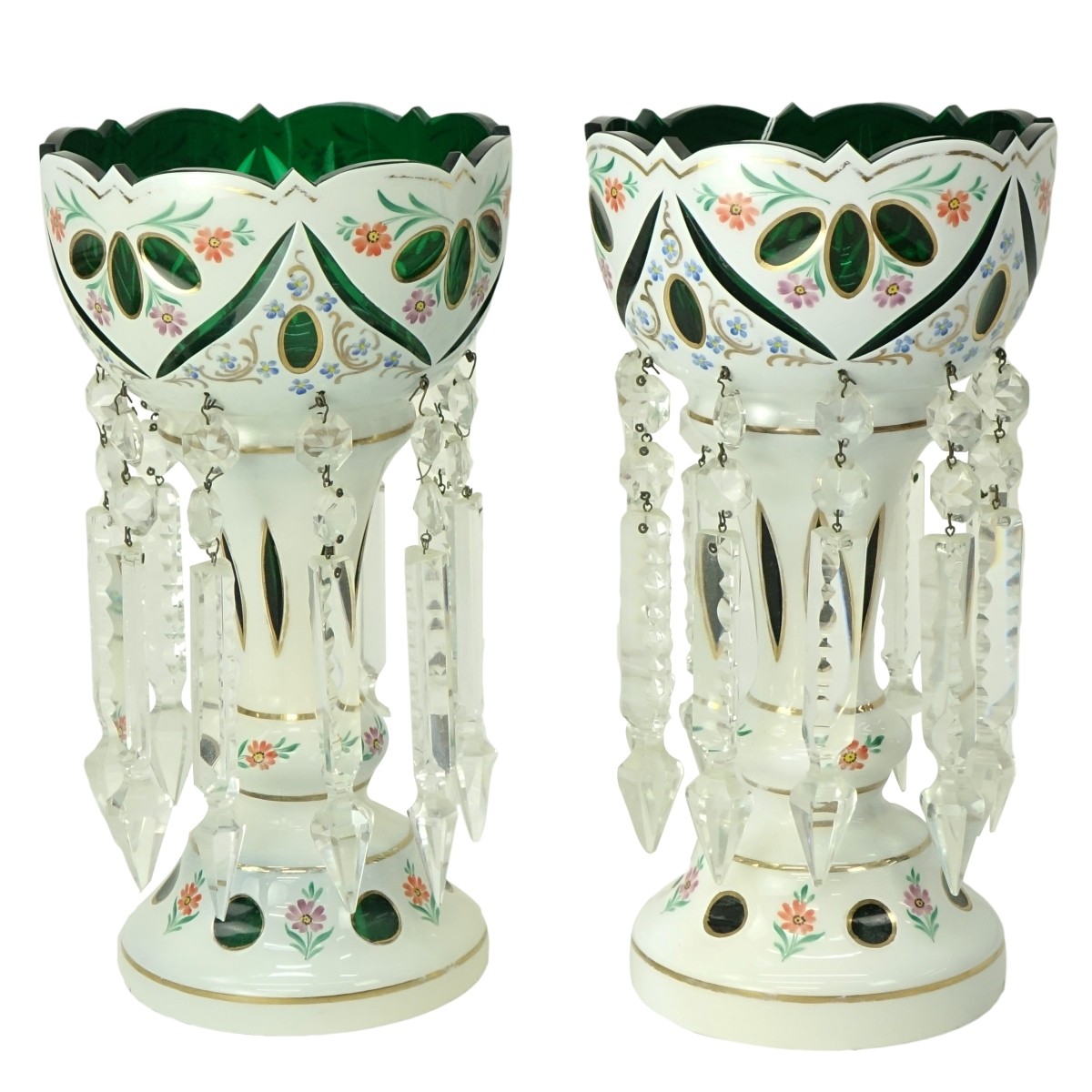 Pair of Bohemian Floral Hand Painted Glass Lusters