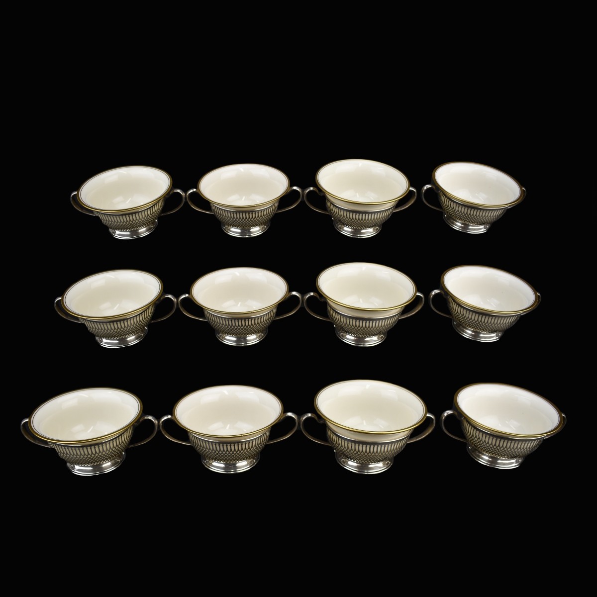 Twelve Lenox China and Sterling Cream Soup Cups