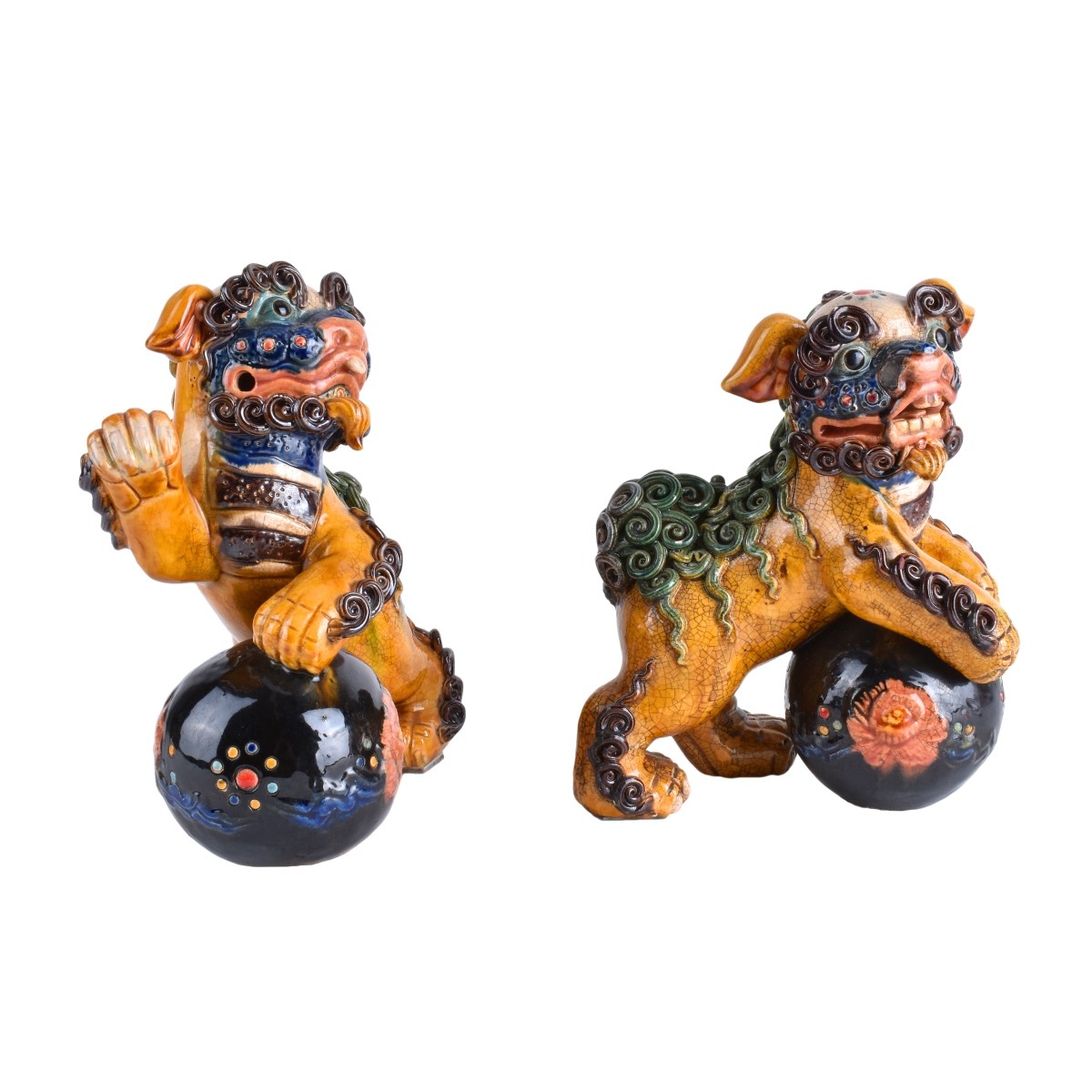Pair of Wucai Style Pottery Foo Dog Figures