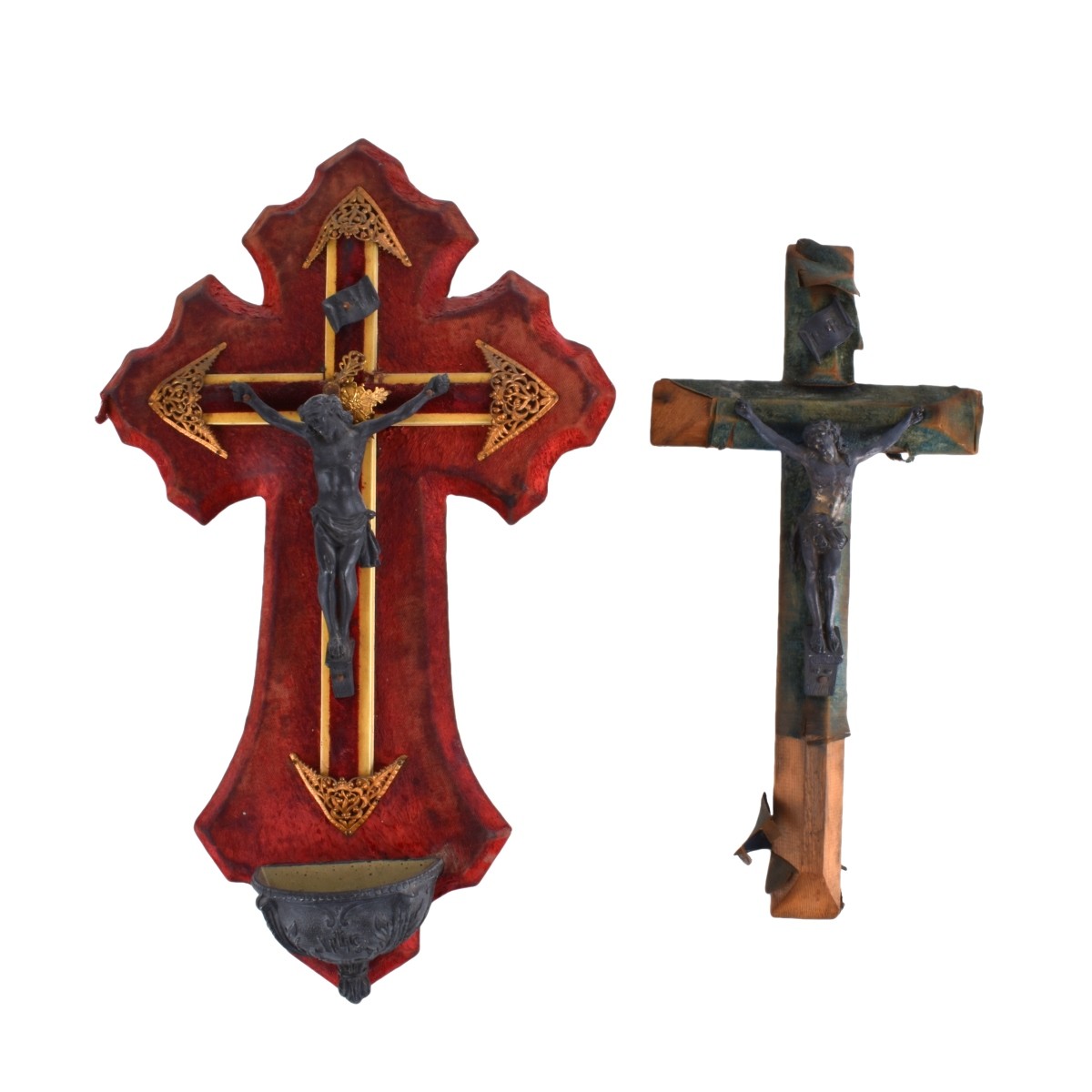 Two Antique White Metal Wall Hanging Crucifixes