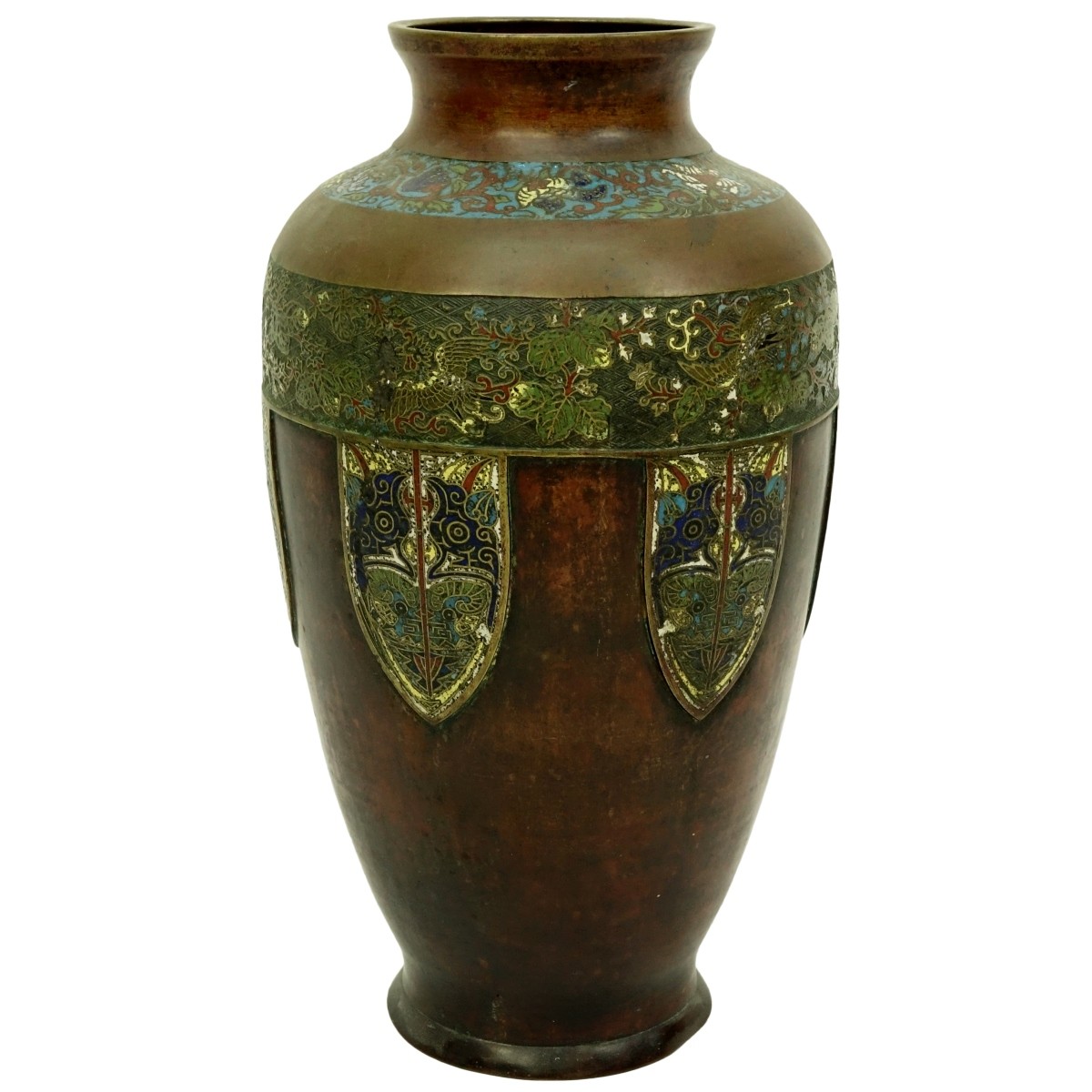 Large Antique Japanese Bronze Champleve Vase