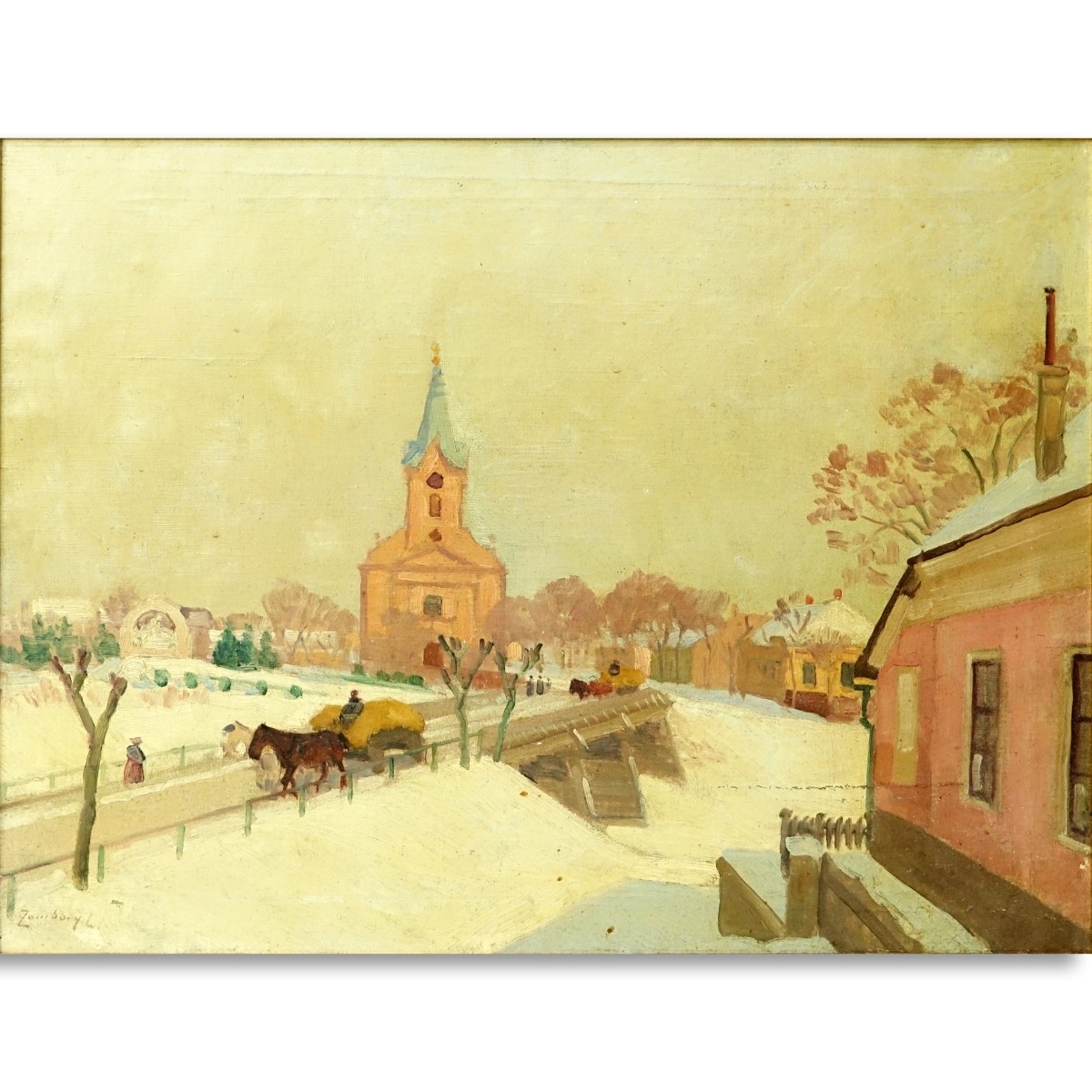 20th Century Oil on Canvas, Village Scene, Signed