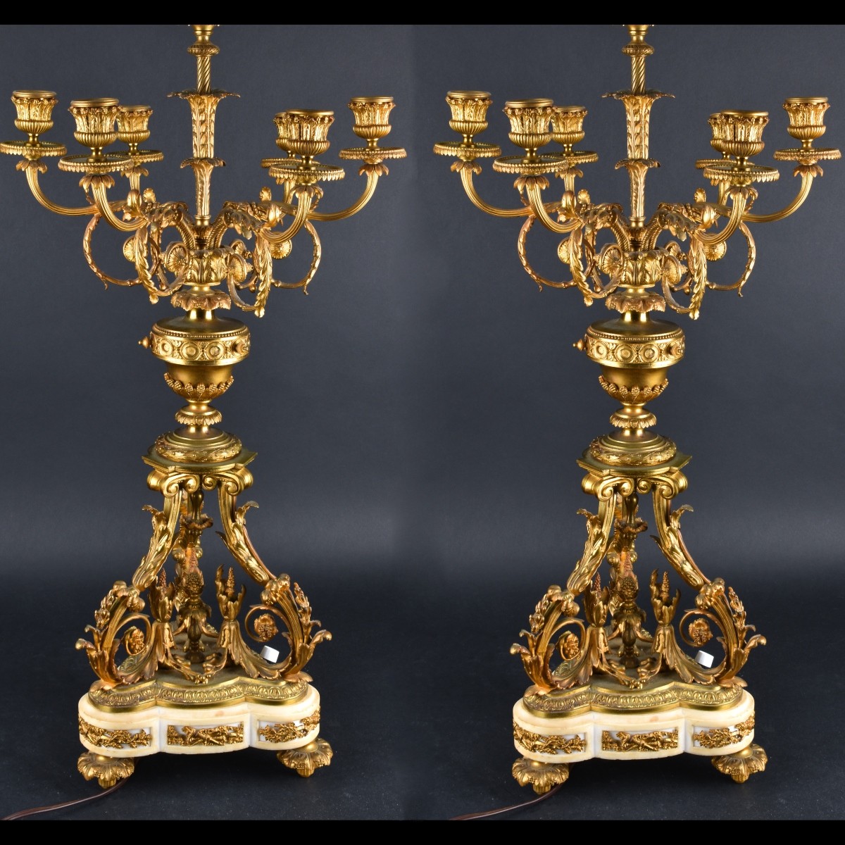 Pair Gilt Bronze And Marble Candelabra Lamps