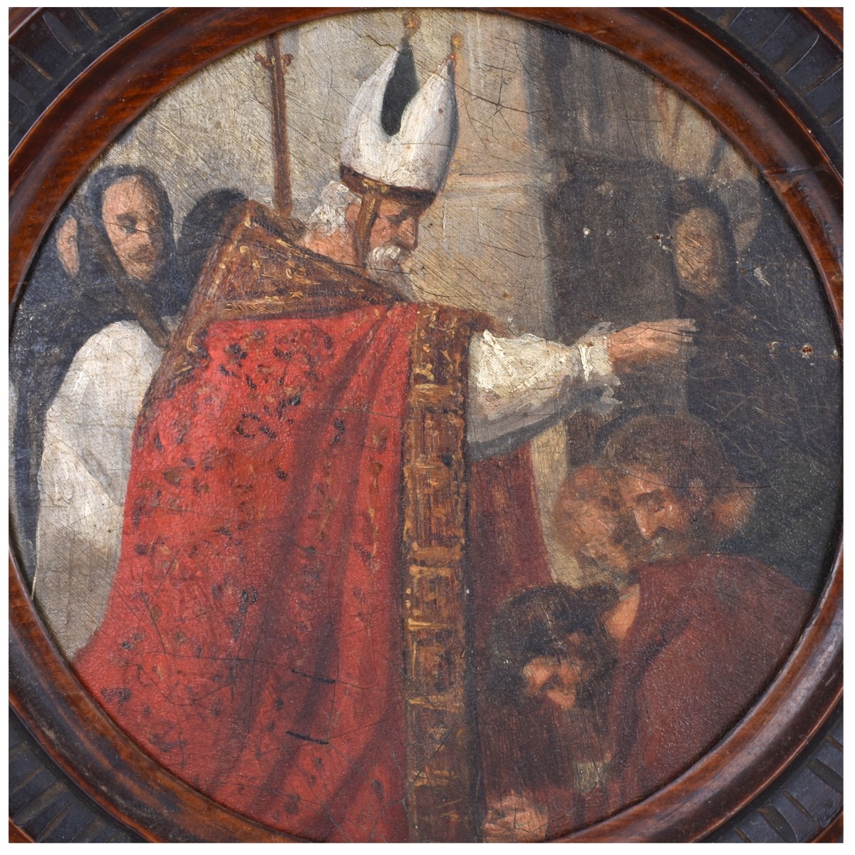 Antique Round Oil on Canvas, Religious Scene