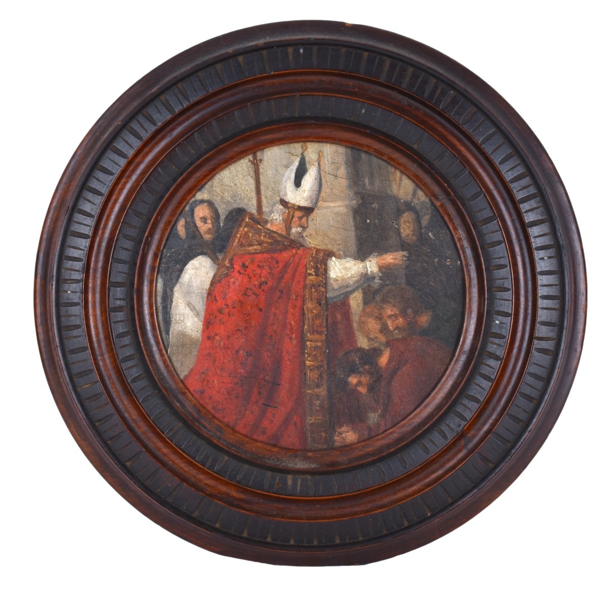 Antique Round Oil on Canvas, Religious Scene