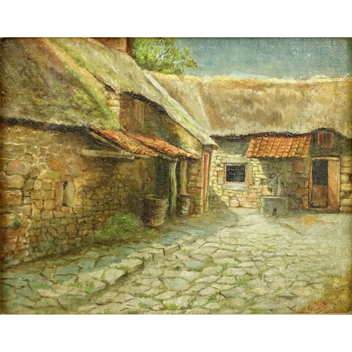 Pair of Antique Oil on Canvasboard, Villages Scene