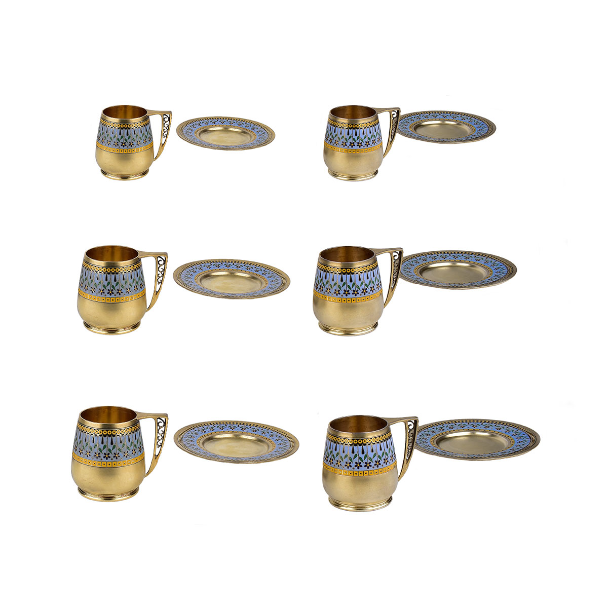 Russian Gilded Silver and Champleve Enamel Set