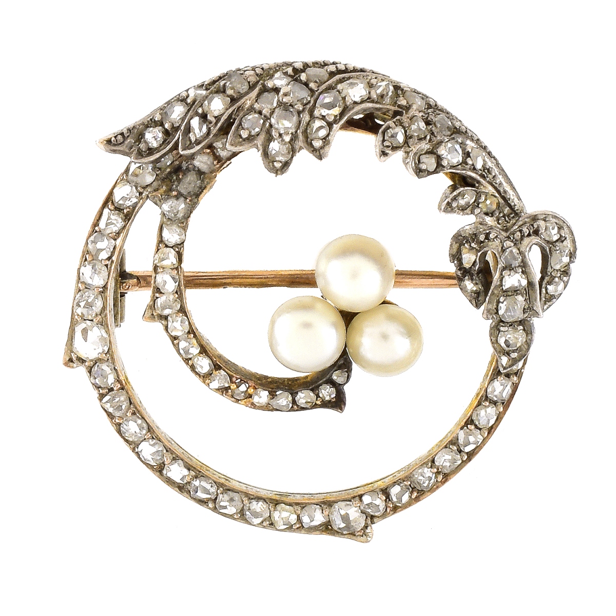 Russian Diamond, 14K Gold and Pearl Brooch