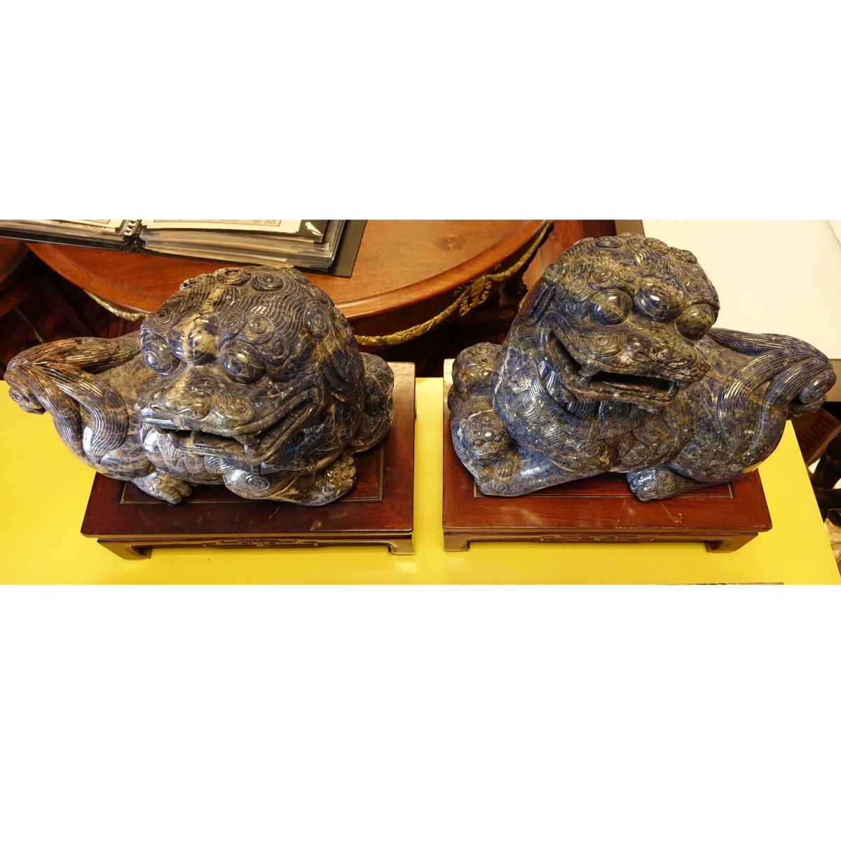 Large Pair of Chinese Carved Lapis Foo Dogs