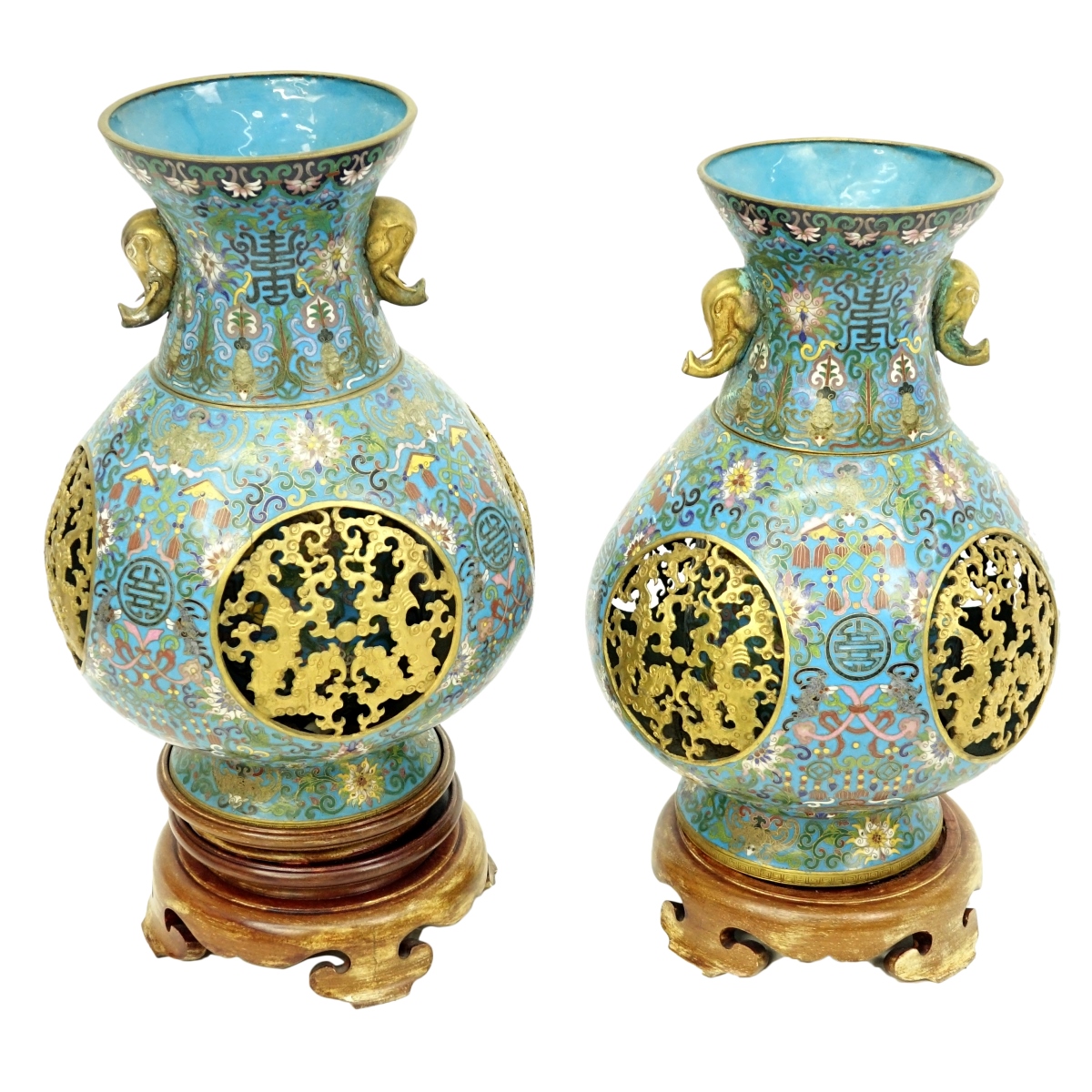 Pair of Impressive Chinese Cloisonne Pierce Vases