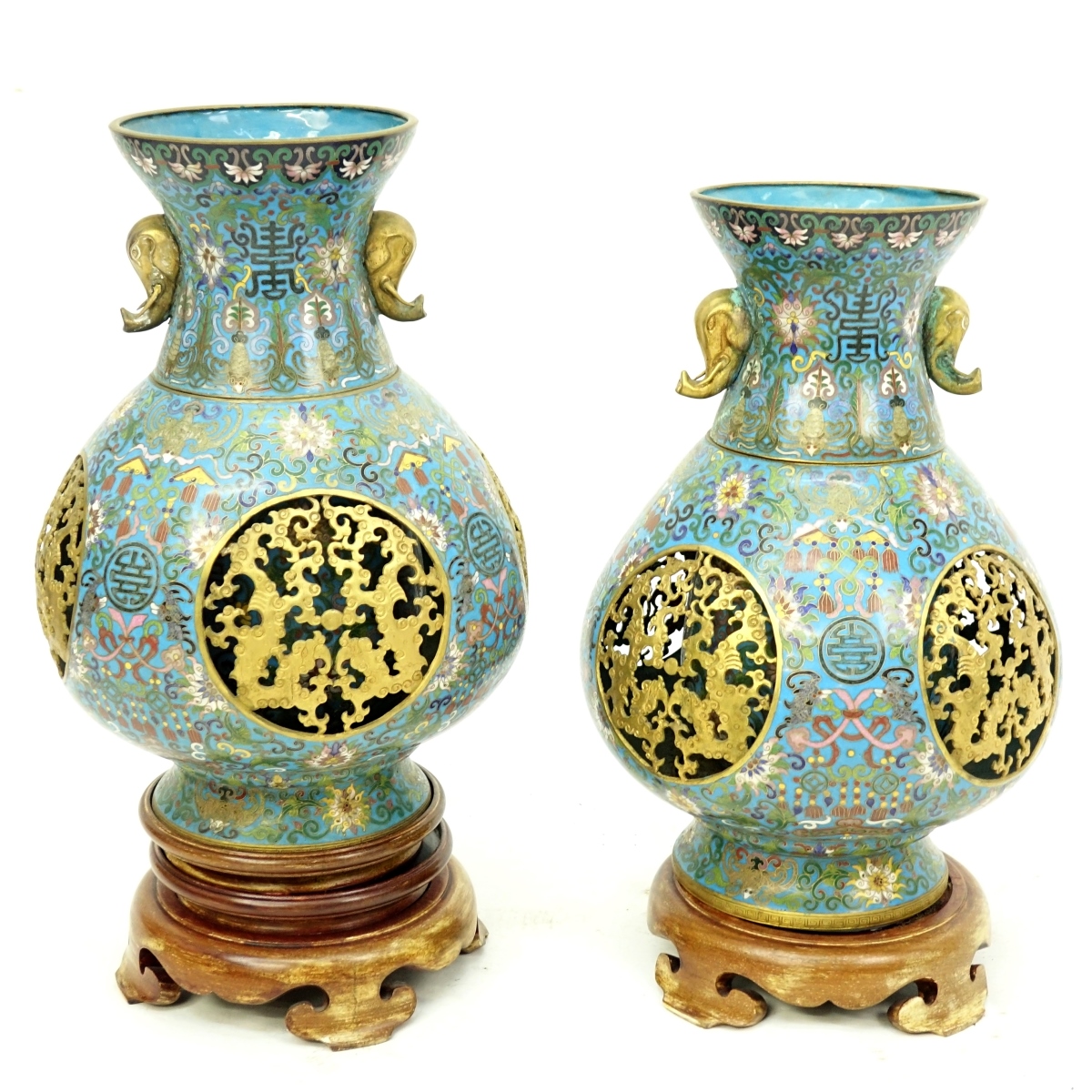 Pair of Impressive Chinese Cloisonne Pierce Vases
