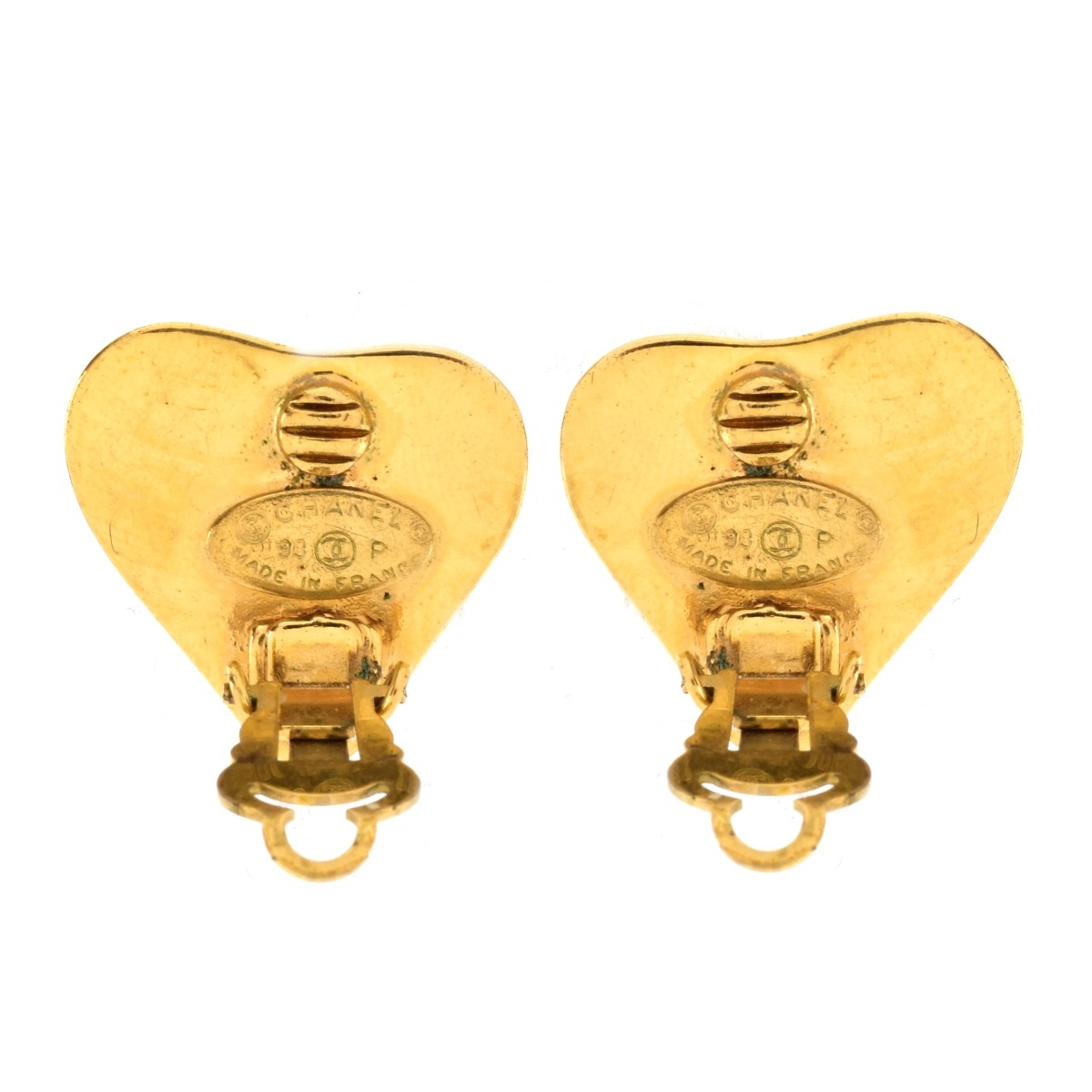 Chanel Gold Tone Heart Shape Enamel Clip Earrings