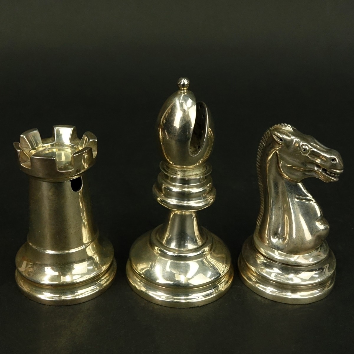 3 Pc Set English Silver "Chess" Salt & Pepper