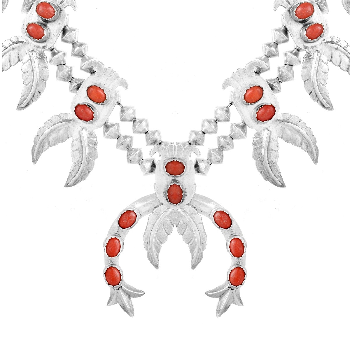 Silver and Red Coral Squash Blossom Necklace