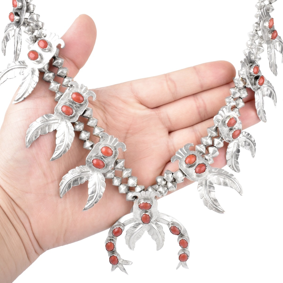 Silver and Red Coral Squash Blossom Necklace