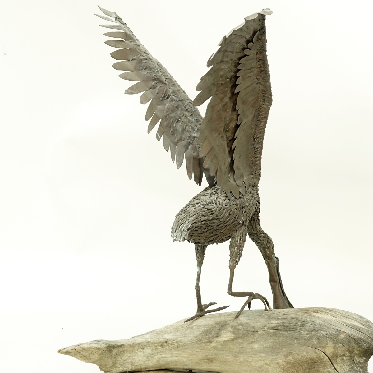 Brass Spoonbill Bird Sculpture Driftwood Base