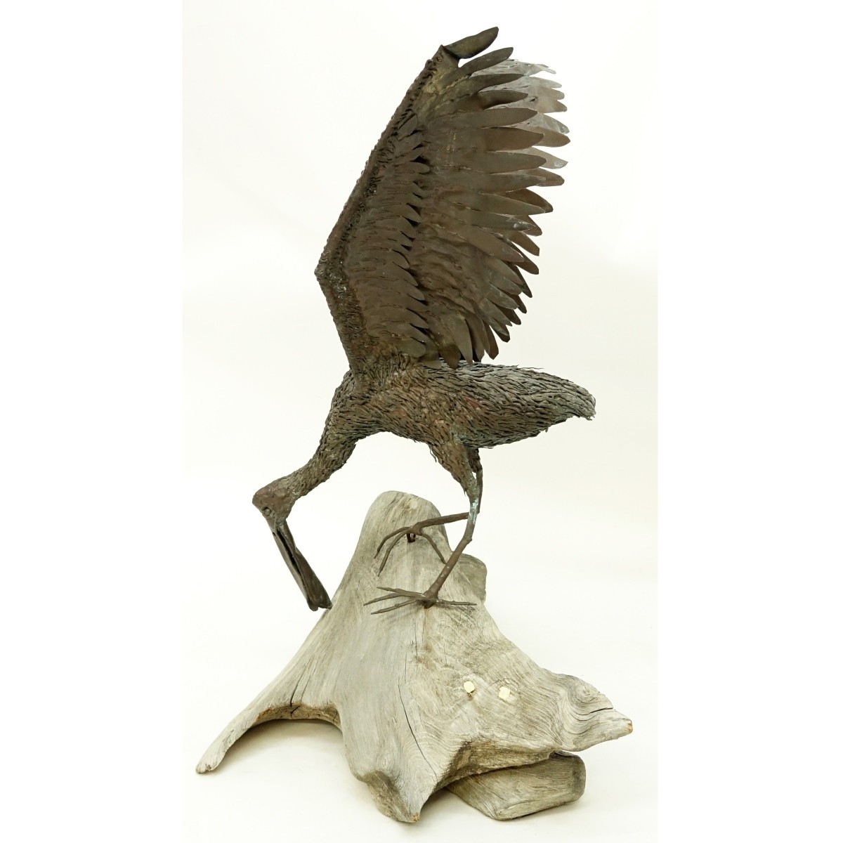 Brass Spoonbill Bird Sculpture Driftwood Base