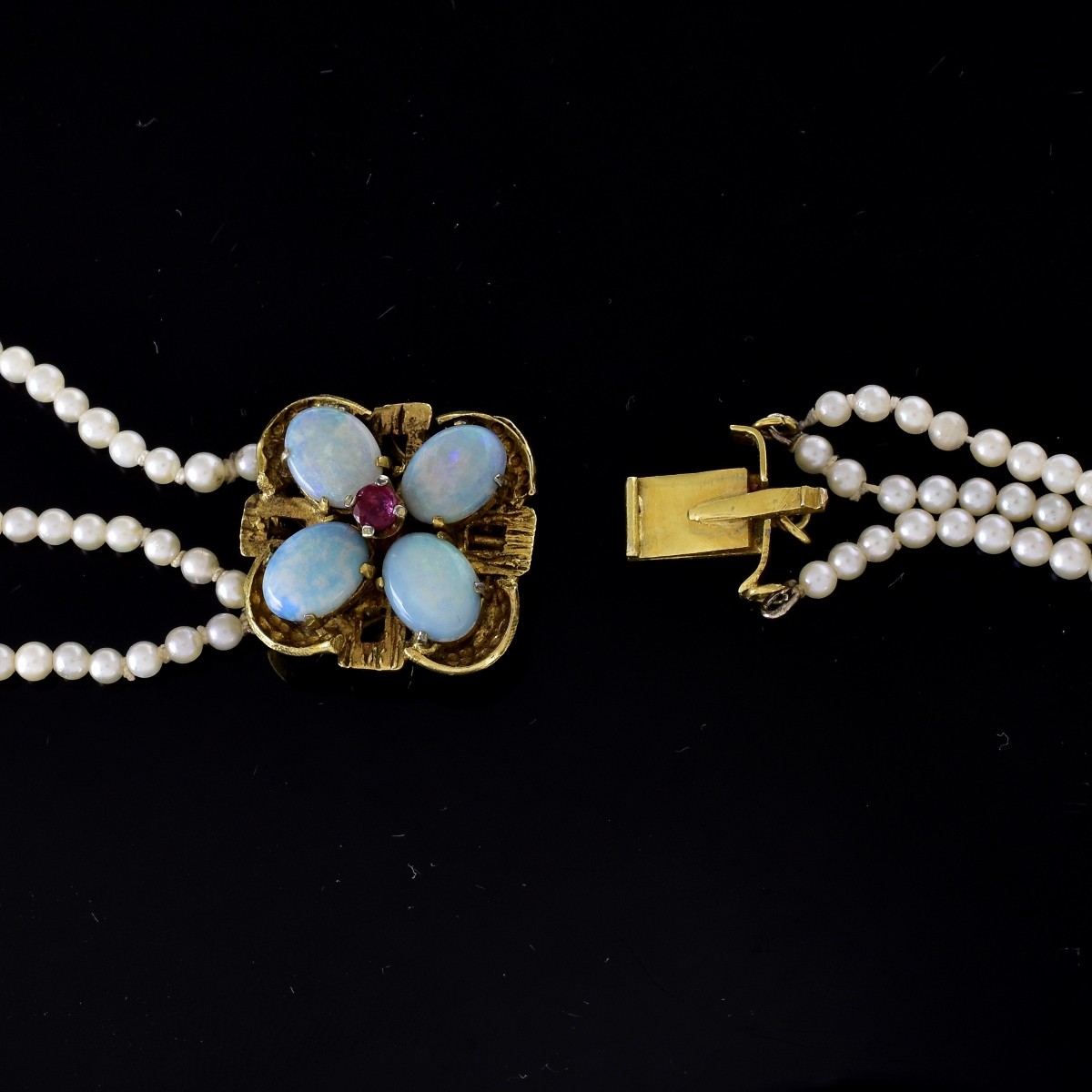 42" L Pearl Necklace with Opal and 14K Gold Clasp
