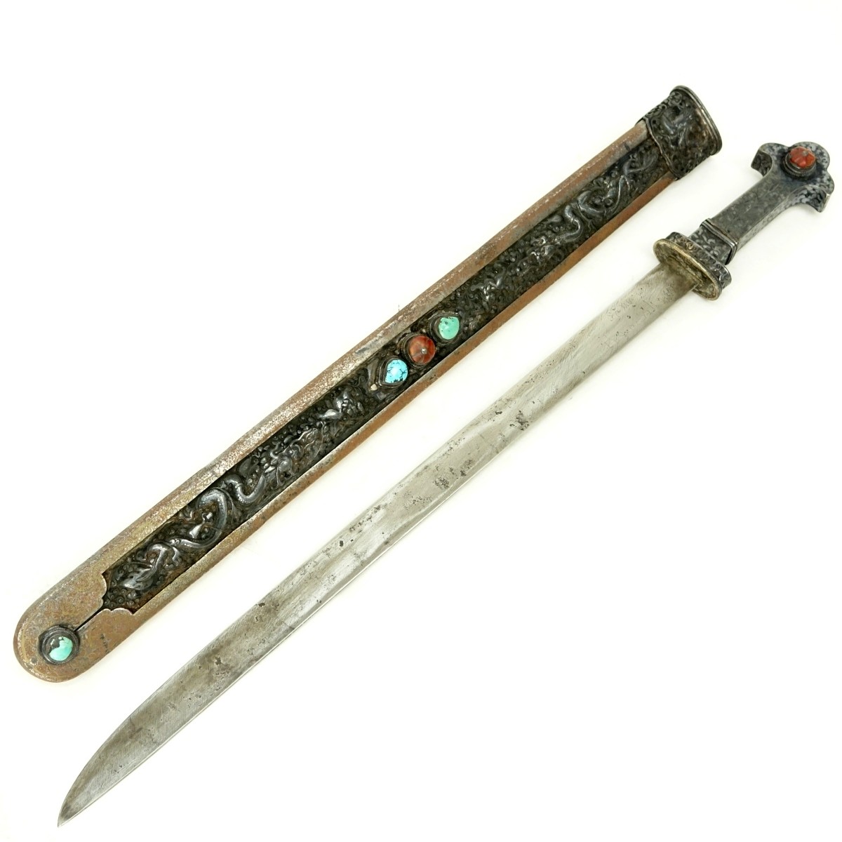 Antique Tibetan Silver and Gemstone Mounted Sword