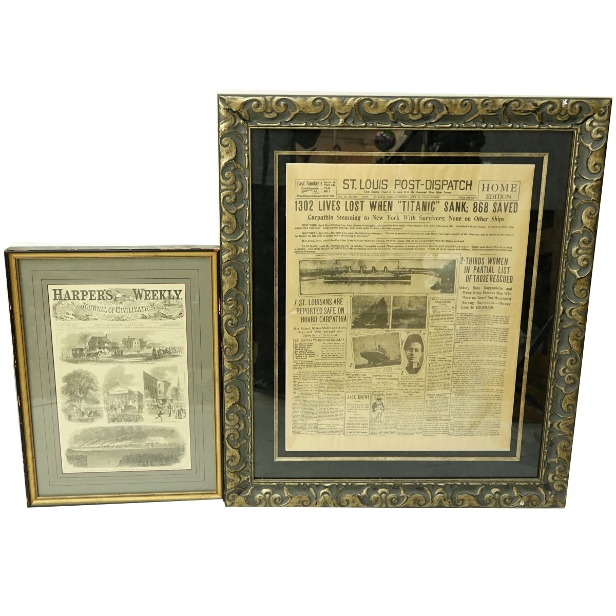 Two (2) Framed Antique Titanic Newspaper Clippings