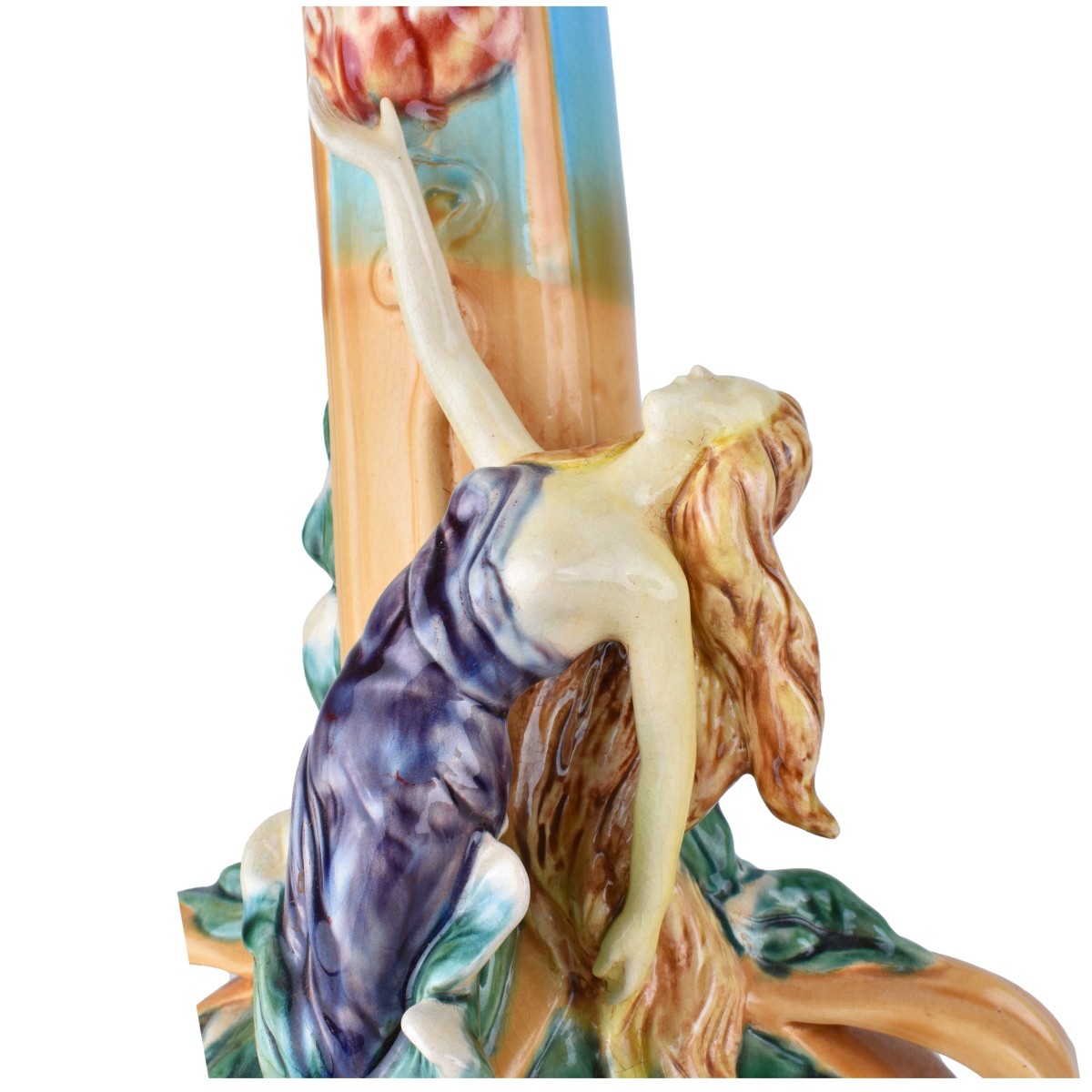 Large Majolica Glazed Porcelain Figural Vase
