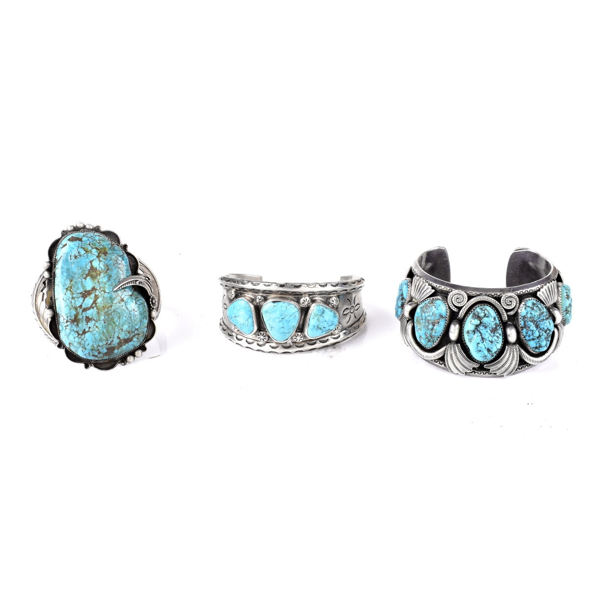 Three Silver and Turquoise Cuff Bracelets