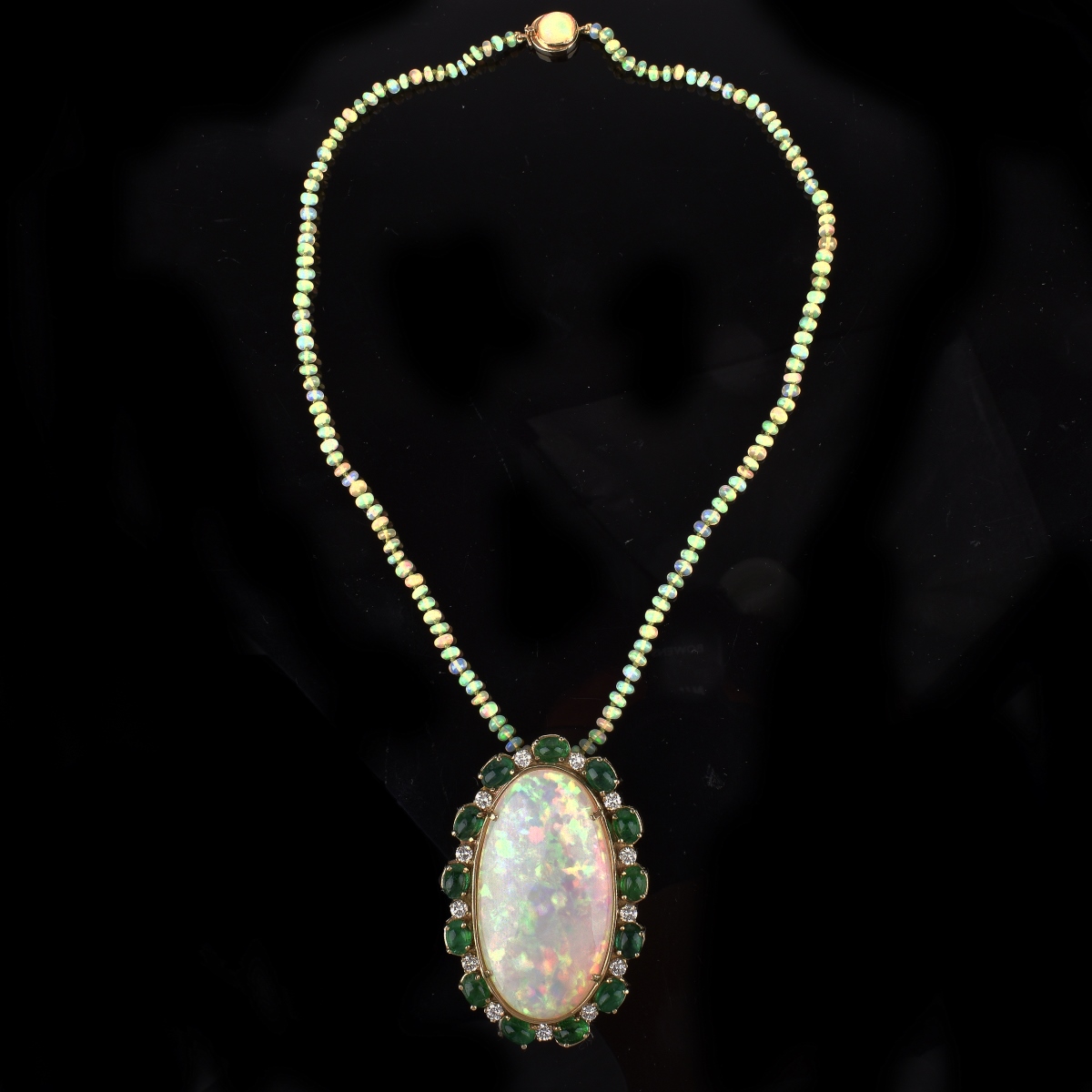 52.5 Carat Opal, Emerald, Diamond and 14K Pendant