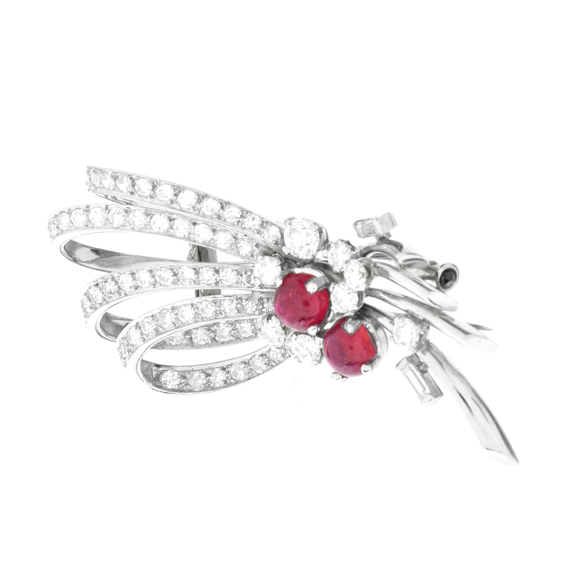 French Diamond, Ruby and Platinum Bow Brooch