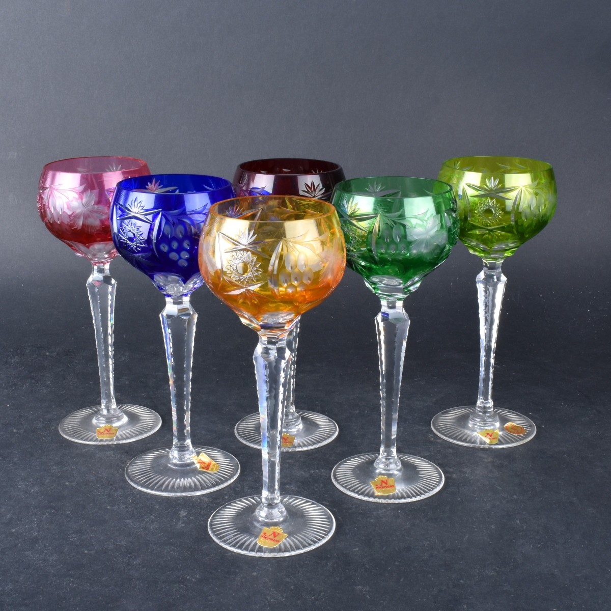 Six (6) Nachmann Colored Cut Crystal Wine Hocks