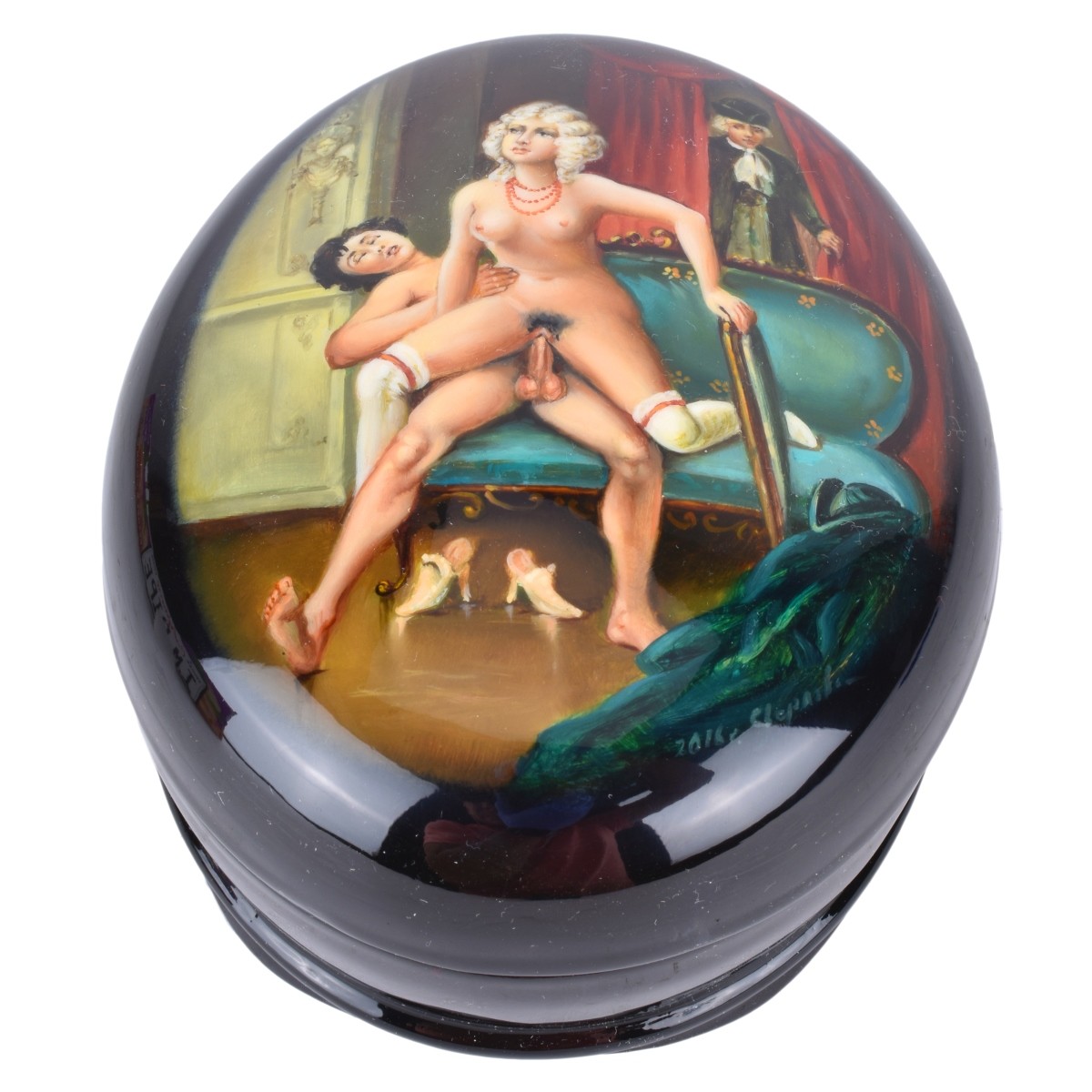 Russian Lacquer Hinged Box With Erotic Scene
