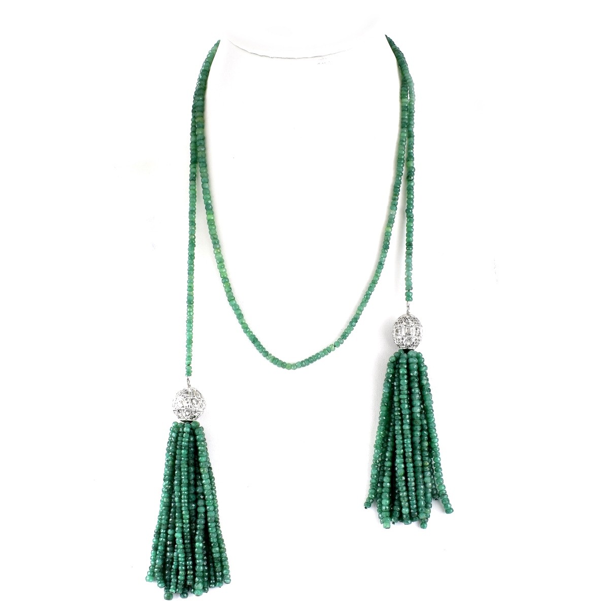 Emerald, Diamond, White Gold Tassel Necklace