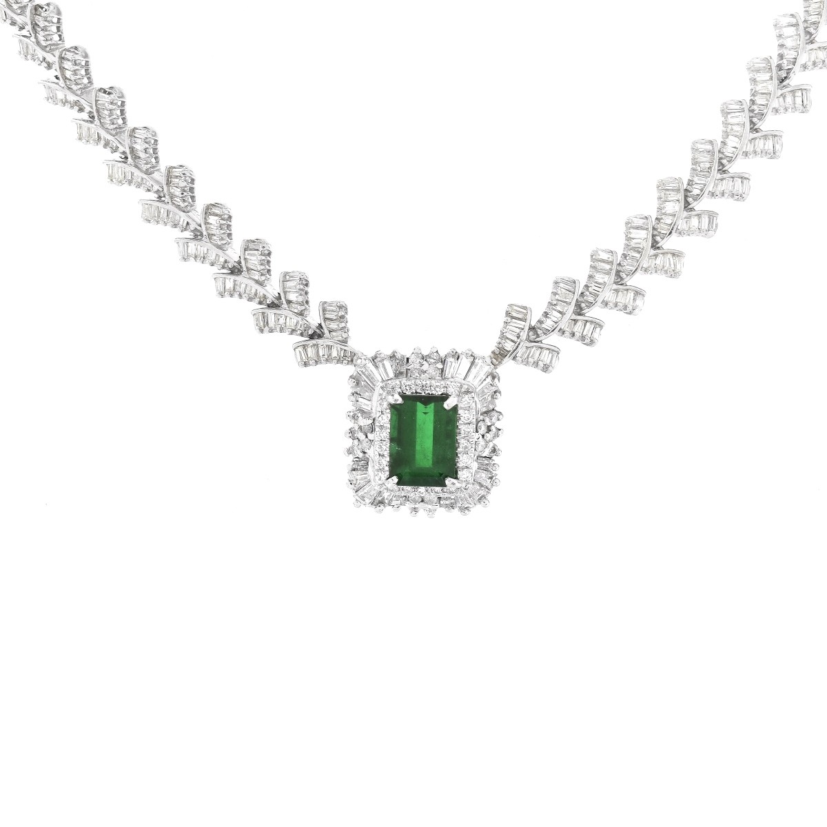 Diamond, Emerald and 14K White Gold Necklace