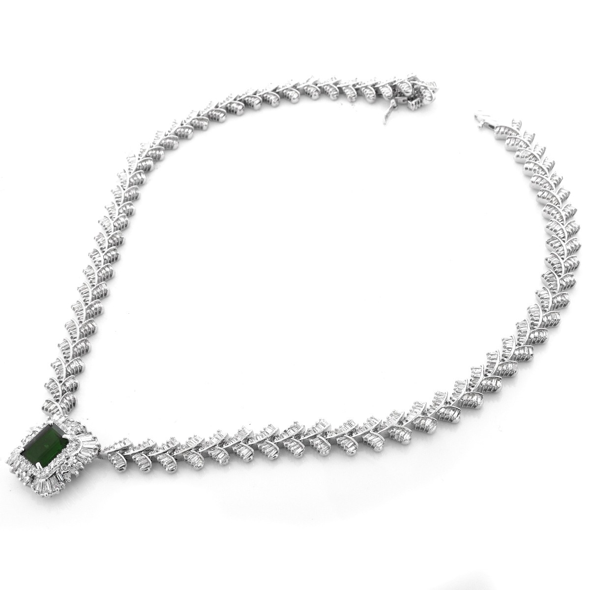 Diamond, Emerald and 14K White Gold Necklace