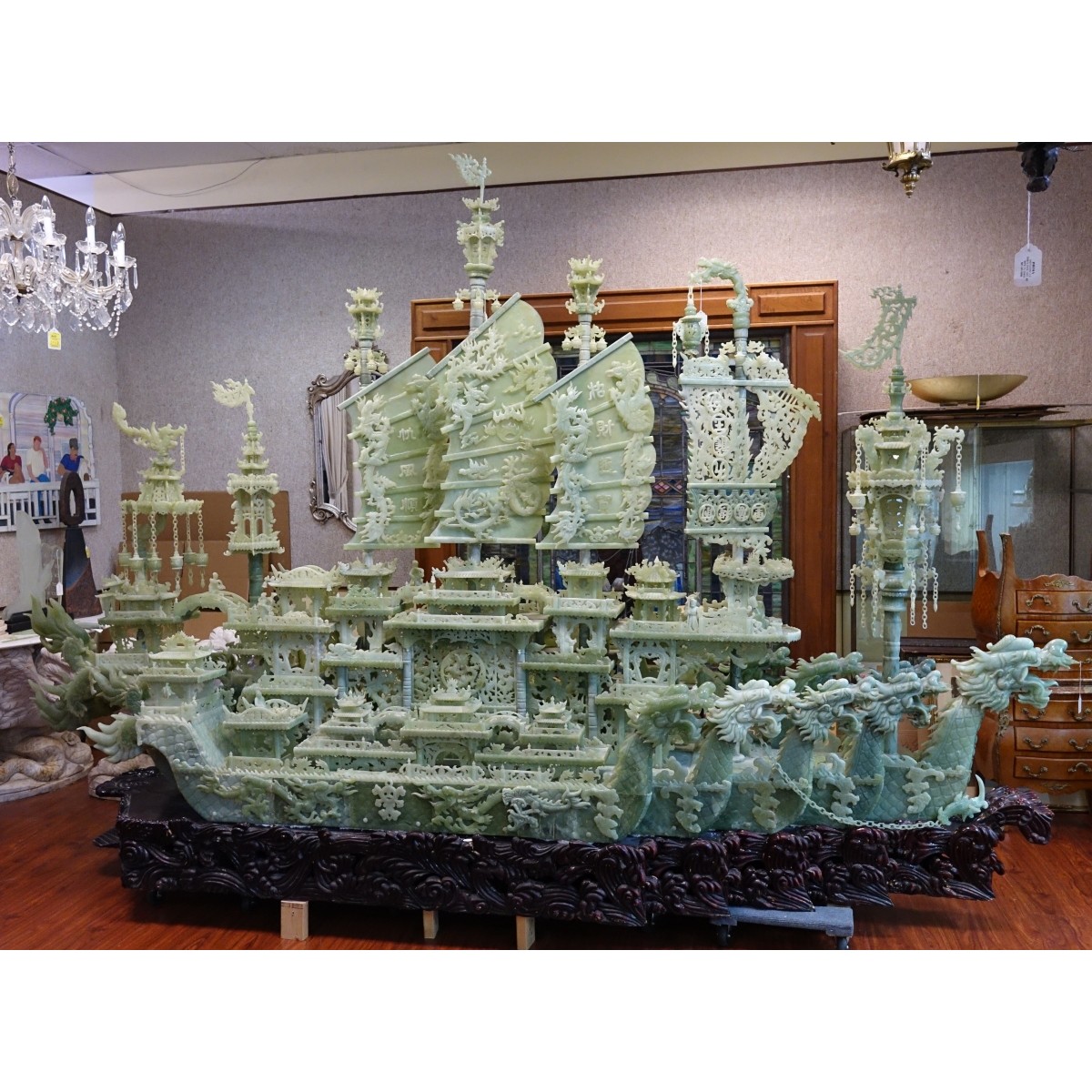 Monumental Chinese Jade Dragon Ship