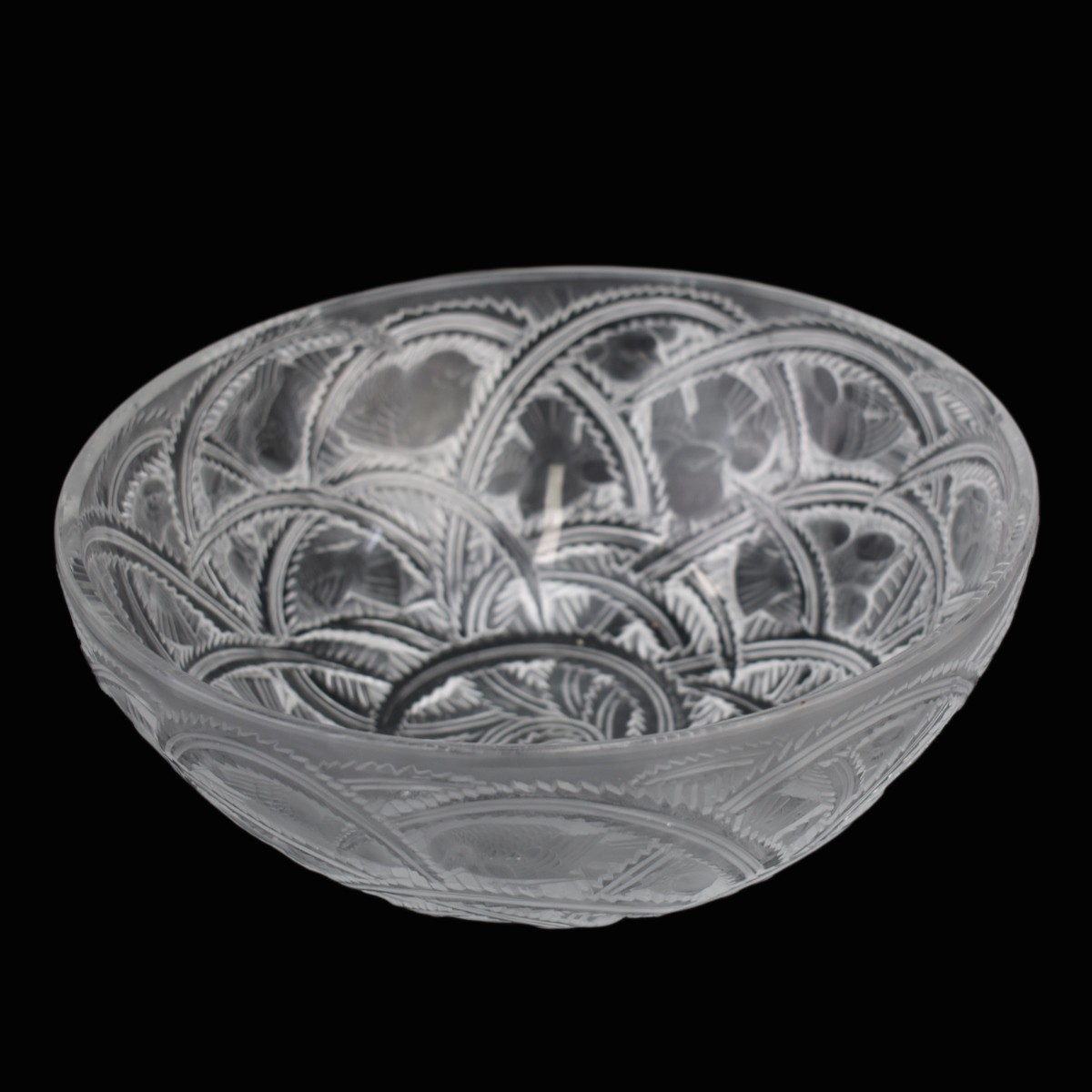 Lalique "Pinson" Clear Crystal Bowl. Birds and lea