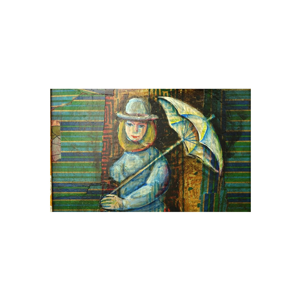 Luis Alberto Solari, Uruguayan (1918-1993) "Lady with Umbrella" Mixed Media Collage Signed Lower Ri