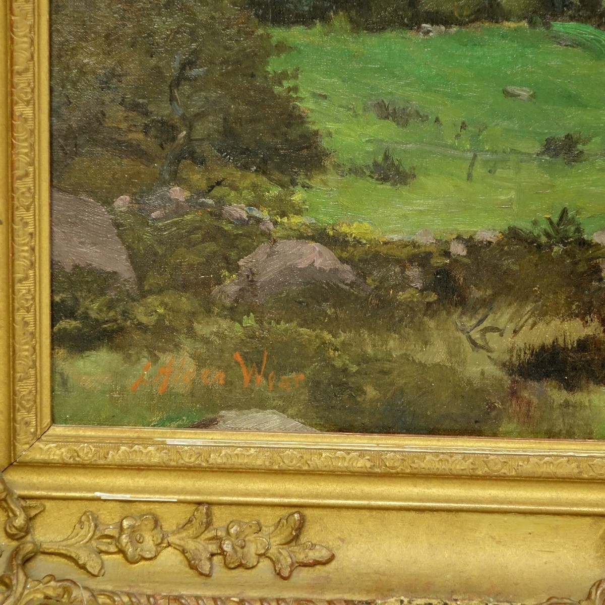Antique Oil on Canvas, Pastoral Scene, Signed Lower J Alden Wear. Craquelure. Measures 14-1/2" H x 