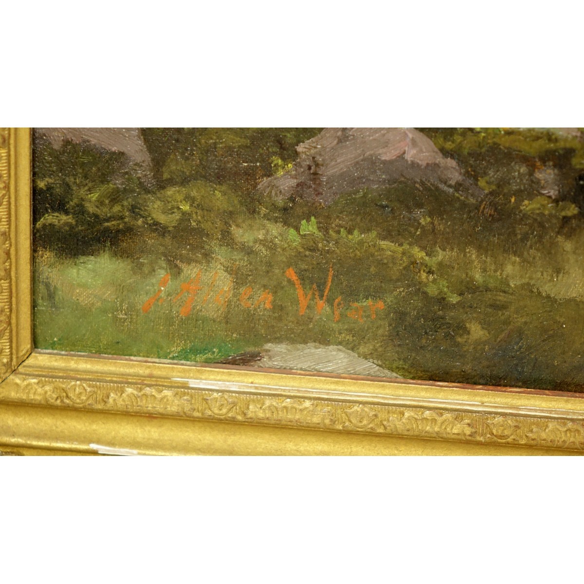 Antique Oil on Canvas, Pastoral Scene, Signed Lower J Alden Wear. Craquelure. Measures 14-1/2" H x 