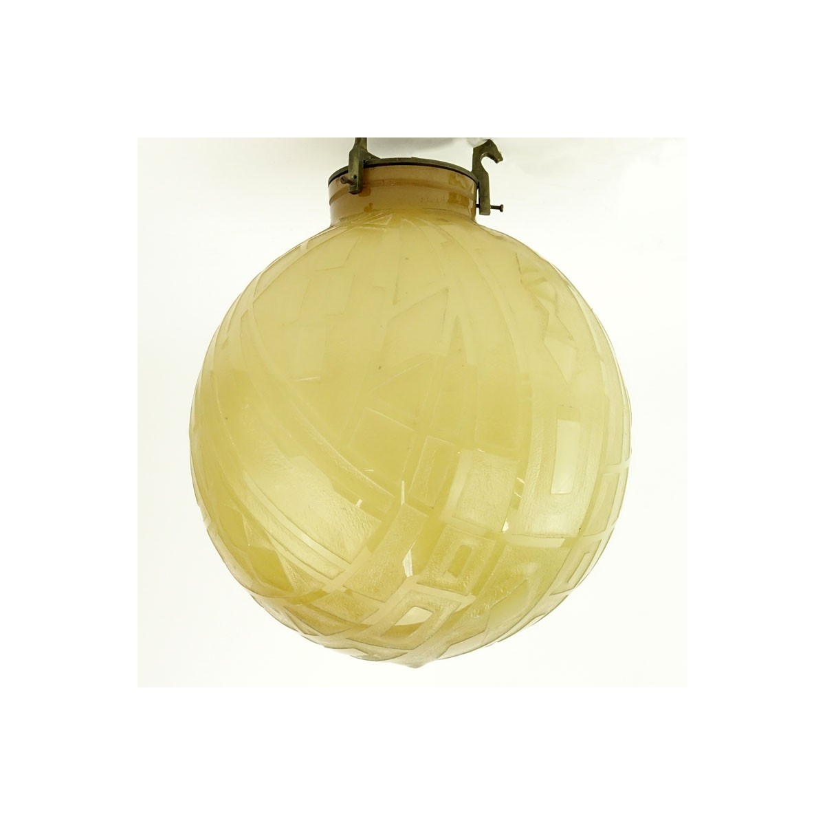 Daum Nancy French Art Deco Pendant Light Chandelier. Signed "Daum Nancy". Pale amber color globe sh