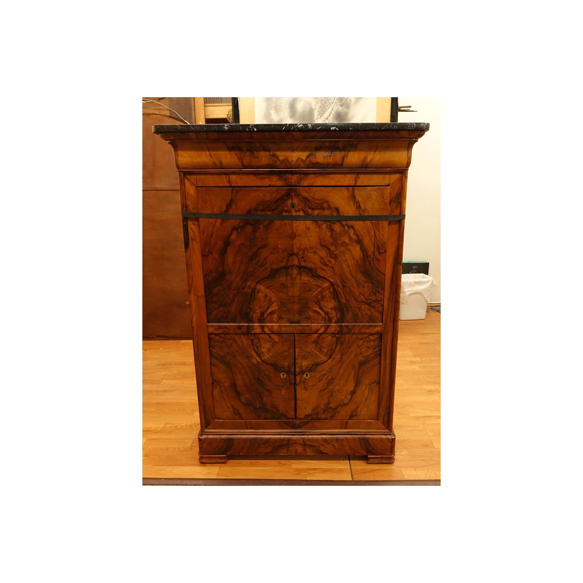 French Louis Philippe Burled Walnut Secretary Desk Cabinet with Marble Top. Drop front opens to rev