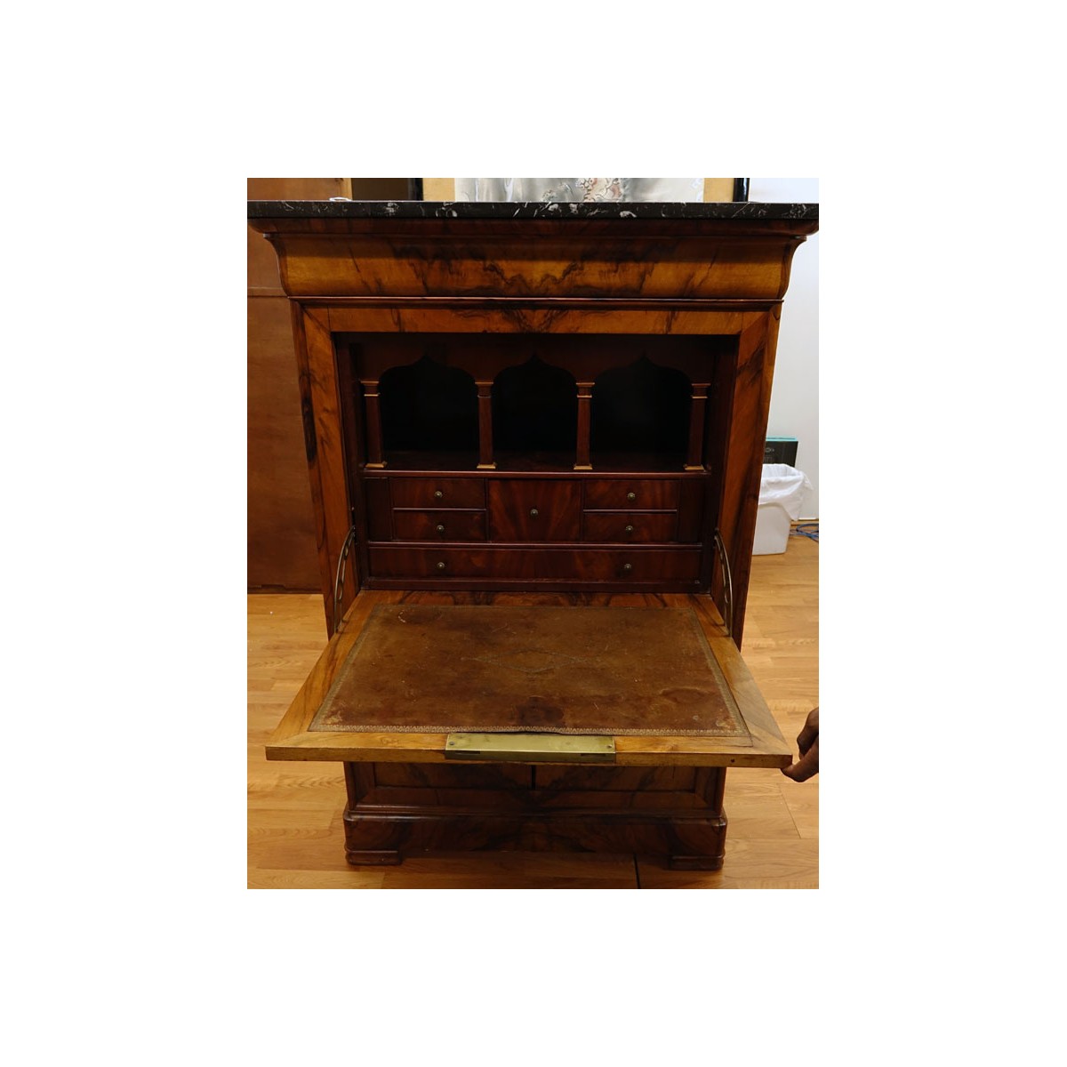 French Louis Philippe Burled Walnut Secretary Desk Cabinet with Marble Top. Drop front opens to rev