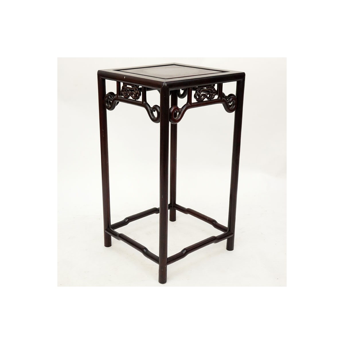 Modern Chinese Carved Hard Wood Pedestal Table. Unsigned. Wear, rubbing one decoration on apron wit
