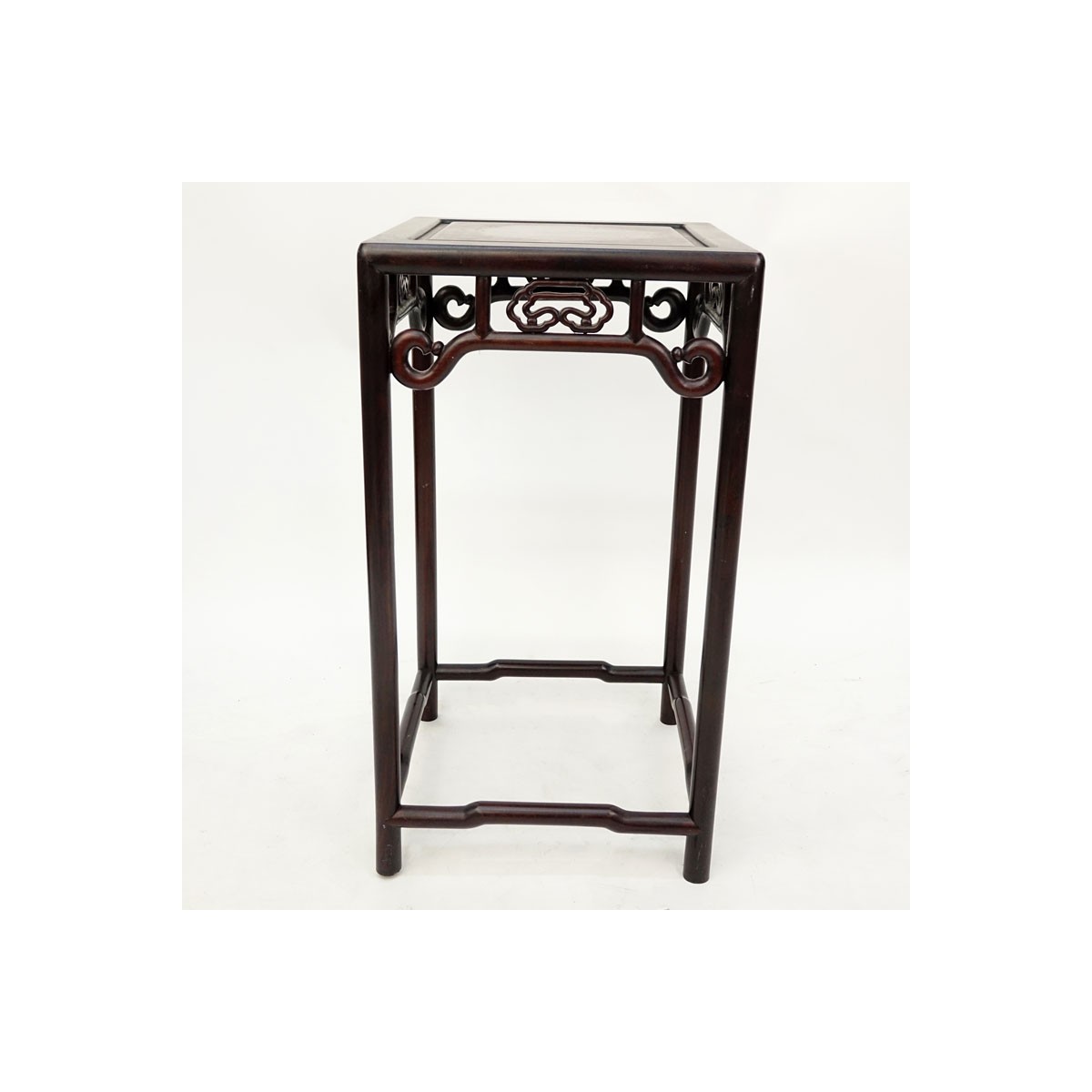 Modern Chinese Carved Hard Wood Pedestal Table. Unsigned. Wear, rubbing one decoration on apron wit