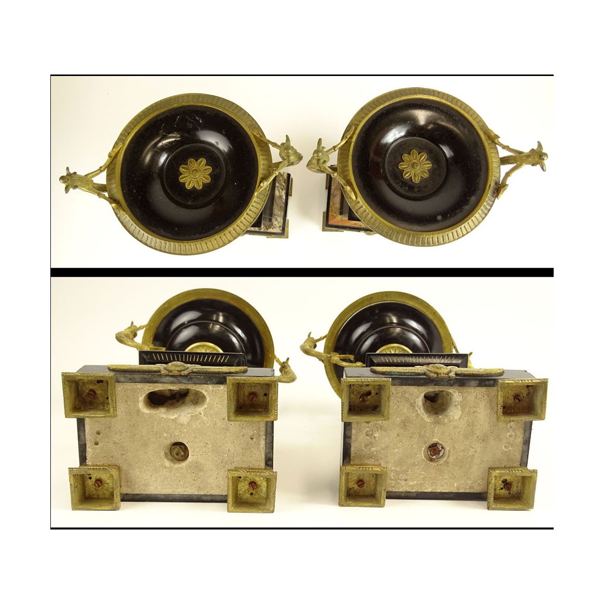 Egyptian Revival Two (2) Piece Bronze, Marble and Onyx Garniture Set. Figural motif with etched mot