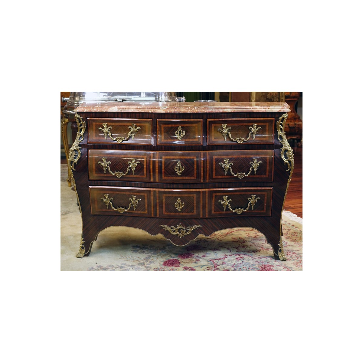 Mid 20th Century Regence Style Gilt Bronze Mounted Kingwood Marquetry Inlaid Marble Top Commode en