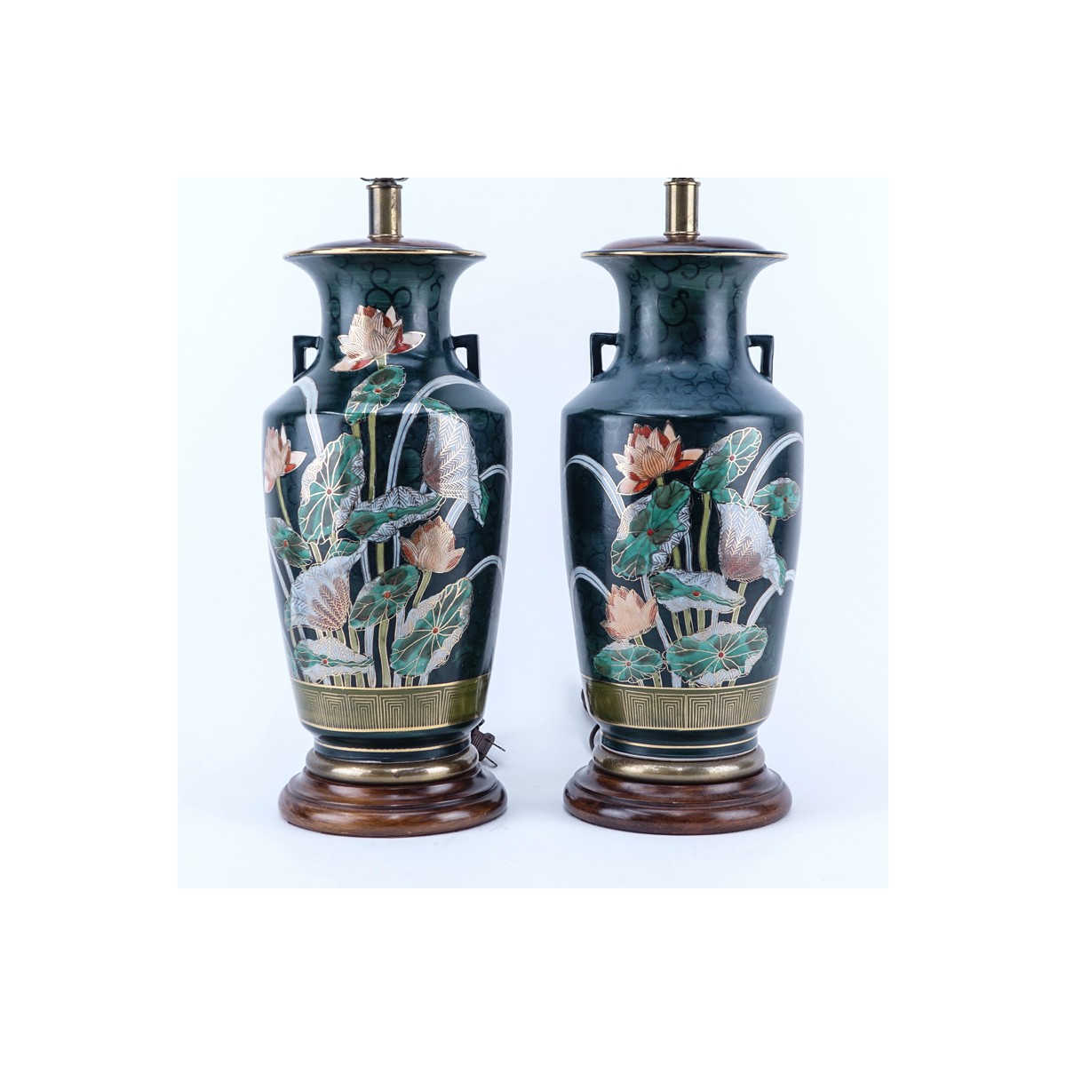 Pair of Japanese Nippon Vases as Lamps. Good condition. Measures 31-1/4" H (w/harp), vase: 15-1/2" 