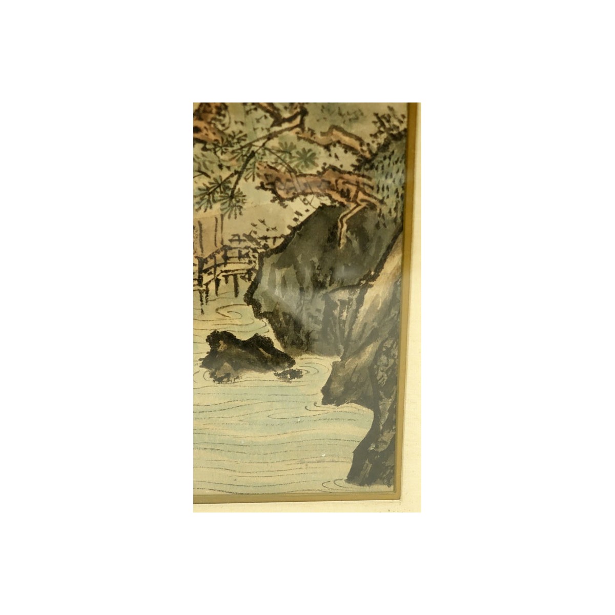 Large Antique Japanese Watercolor Scroll Painting, Landscape Scene. Toning and spotting, crease mar