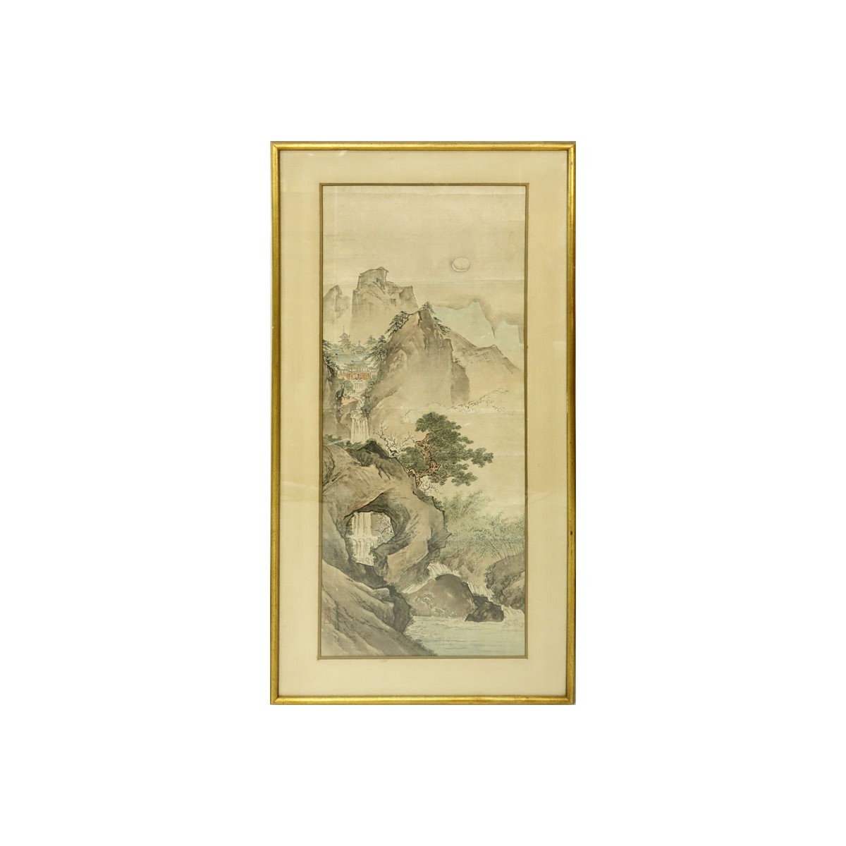 Large Antique Japanese Watercolor Scroll Painting, Landscape Scene. Signed. Toning and spotting, cr